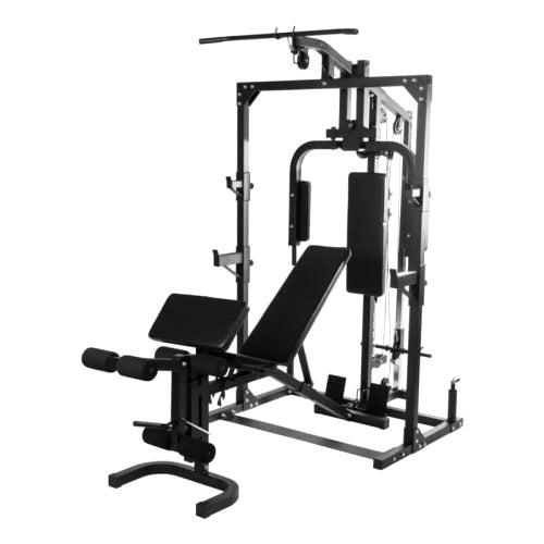 Home gym med justerbar træningsbænk, kabelstation og vægtstangsholder