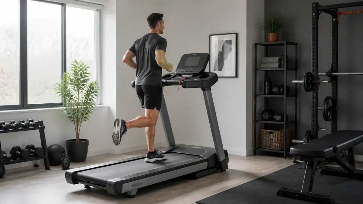 Løber bruger et løbebånd med sikker afstand i et lyst hjemmegym