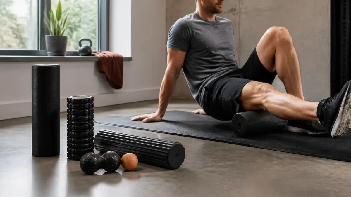 Mand bruger foam roller ved siden af glatte og teksturerede massageruller