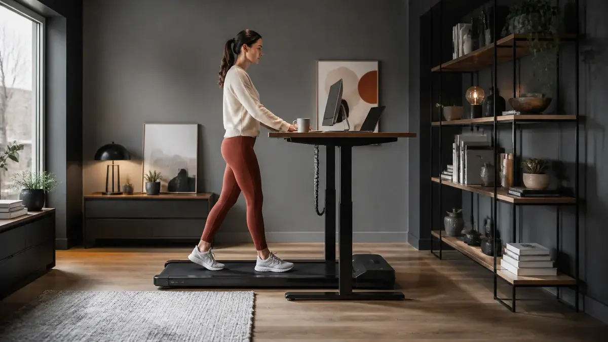 Kvinde går på et walking pad under et hæve-sænkebord