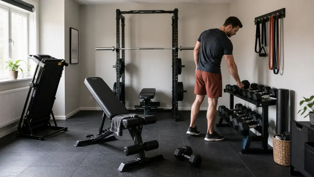 Kompakt hjemmegym med bænk, håndvægte, elastikker og konditionsudstyr