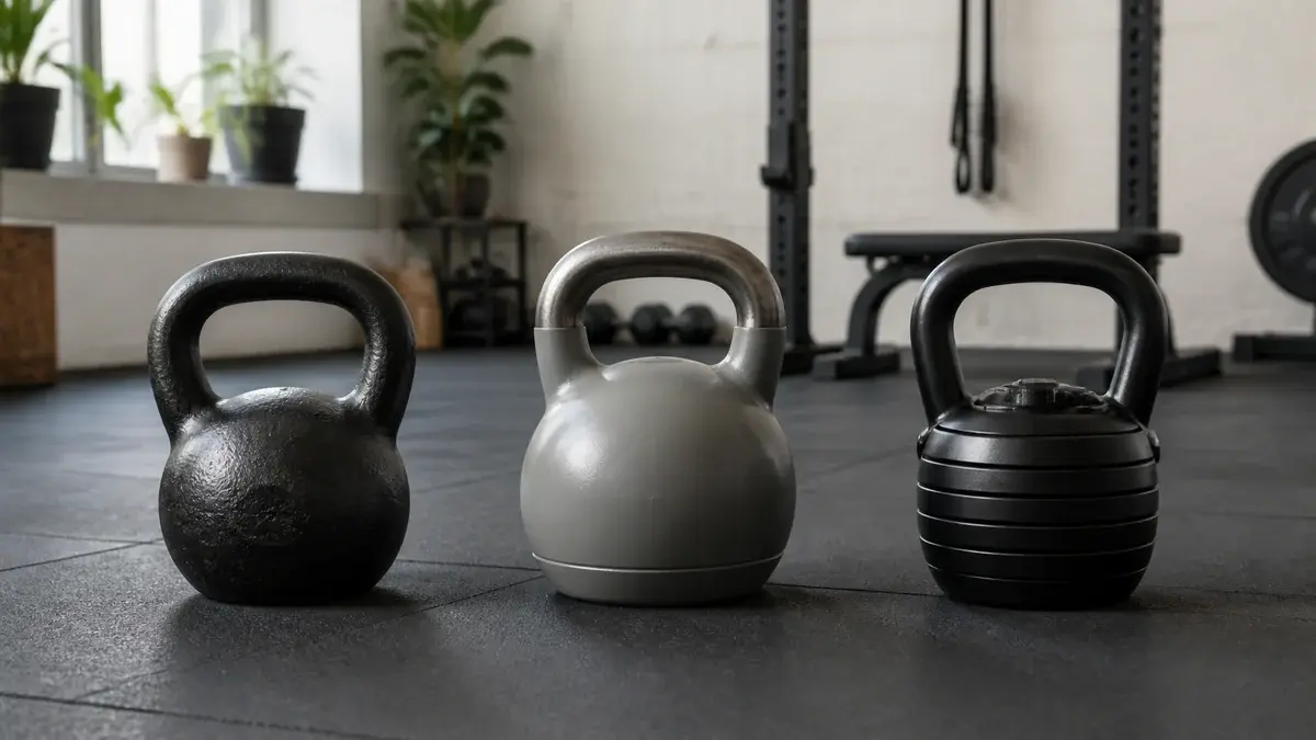 Tre kettlebells i støbejern, competition-form og justerbar udgave