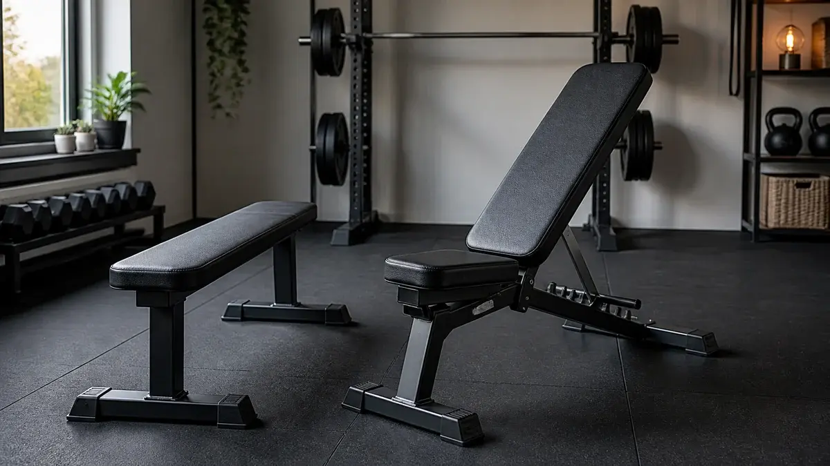Flad træningsbænk og justerbar skråbænk i et hjemmegym
