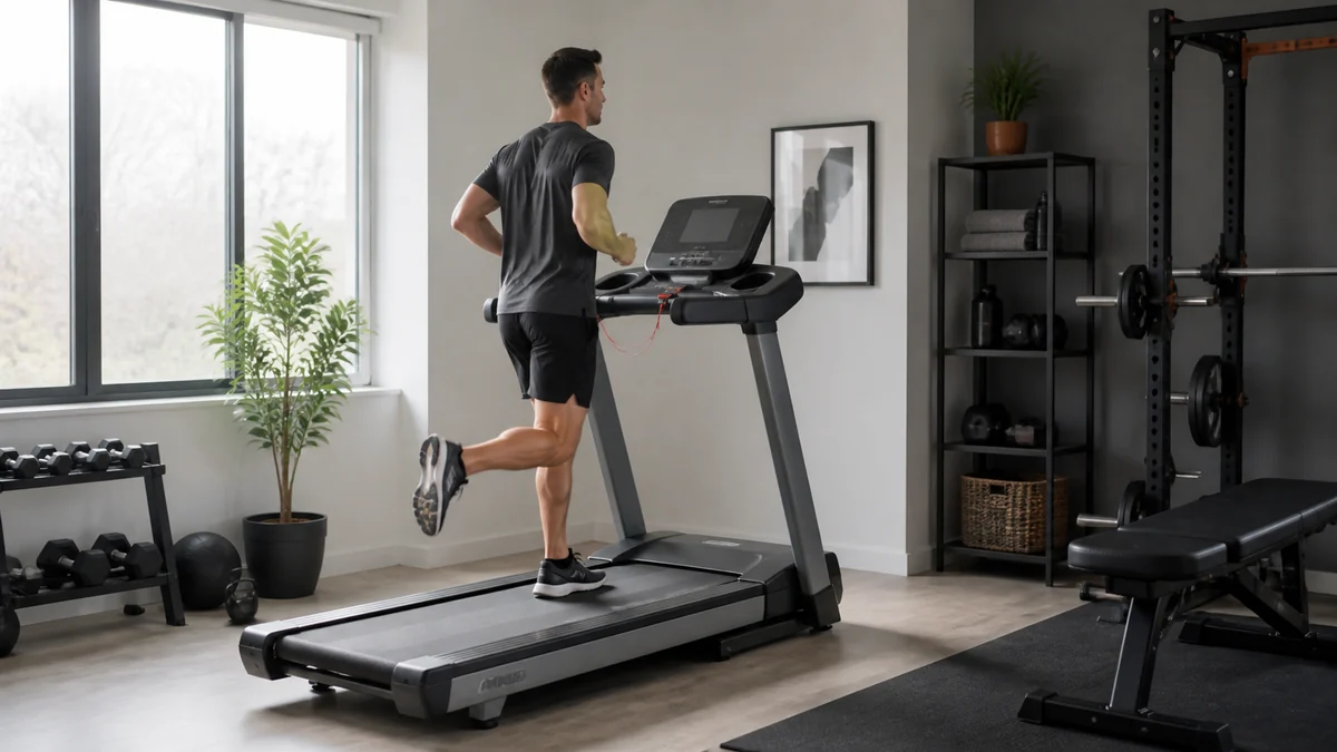 Løber bruger et løbebånd med sikker afstand i et lyst hjemmegym