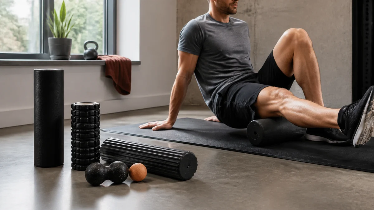 Mand bruger foam roller ved siden af glatte og teksturerede massageruller