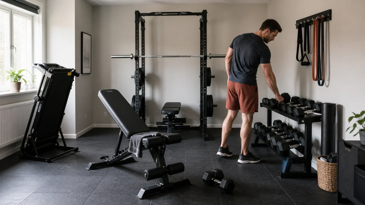 Kompakt hjemmegym med bænk, håndvægte, elastikker og konditionsudstyr