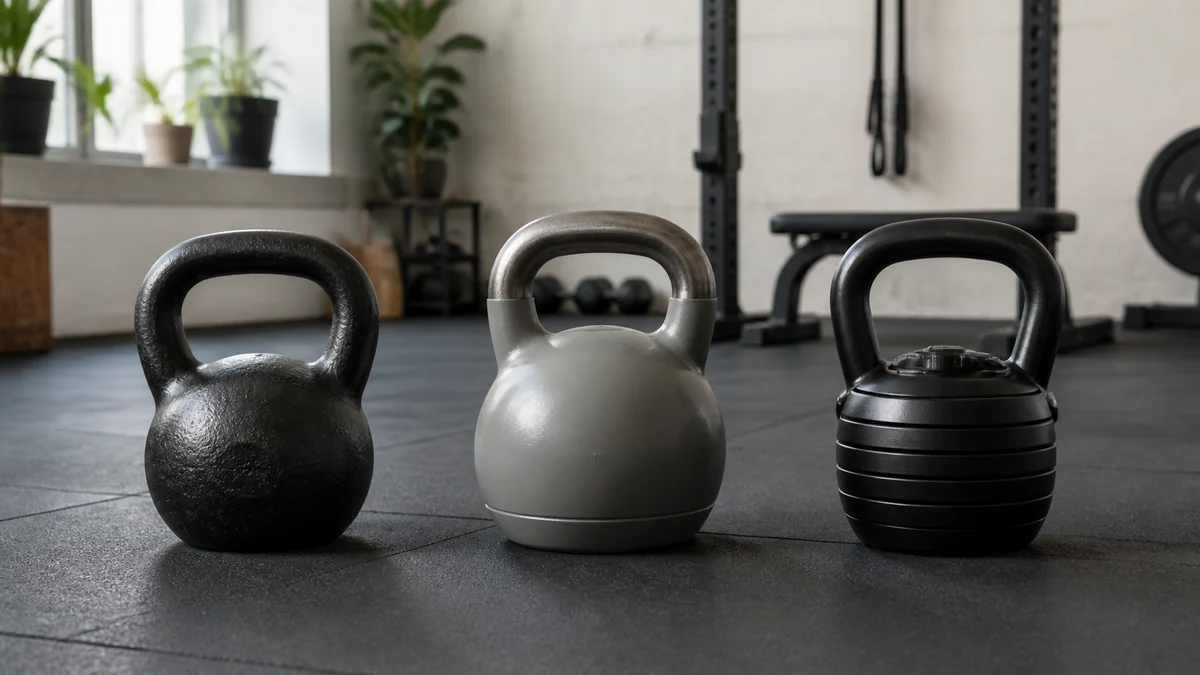 Tre kettlebells i støbejern, competition-form og justerbar udgave