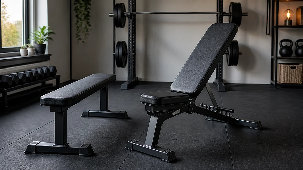 Flad træningsbænk og justerbar skråbænk i et hjemmegym