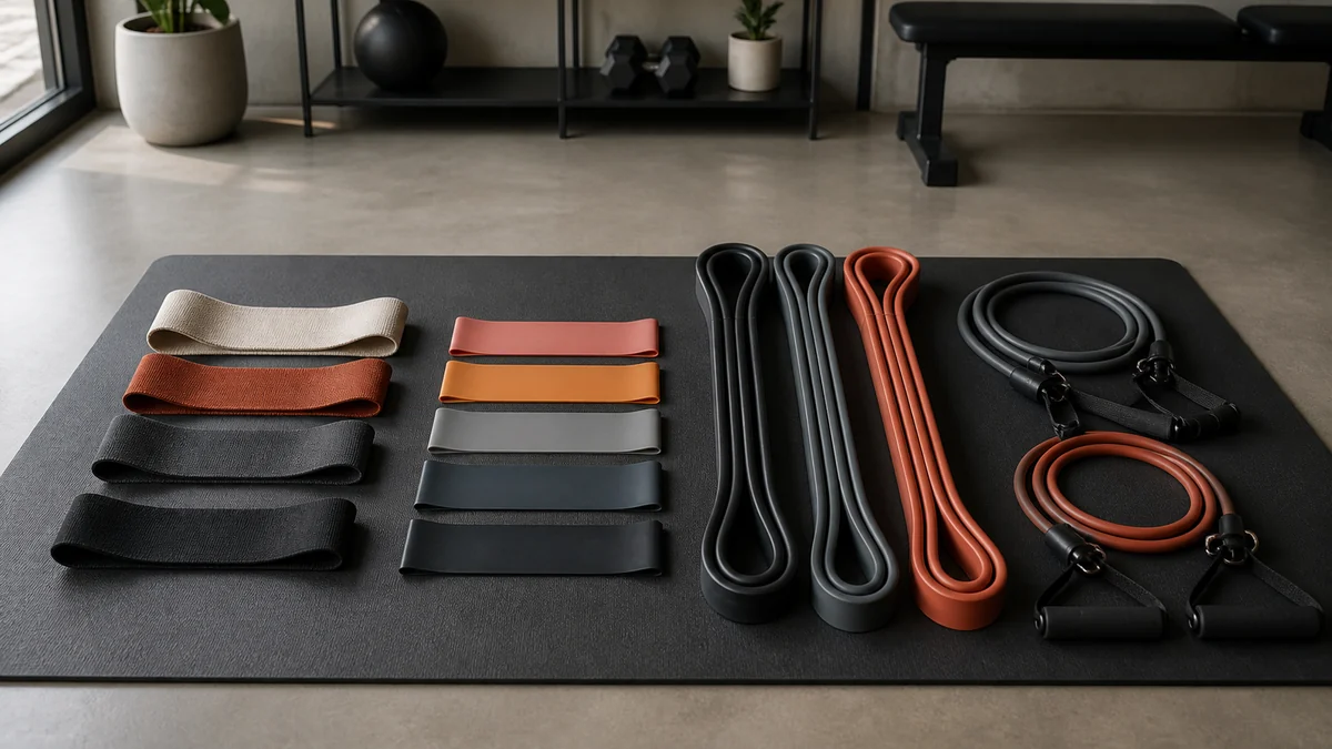 Loopbånd, powerbands og træningselastikker med håndtag på en måtte