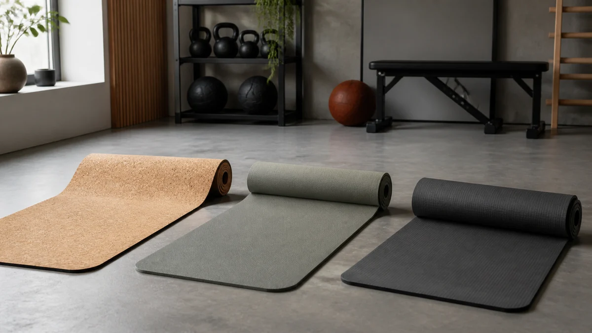 Tre yogamåtter i kork, TPE og PVC med synlig overflade og tykkelse
